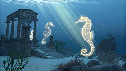 Two Luminous Seahorses Gracefully Swim