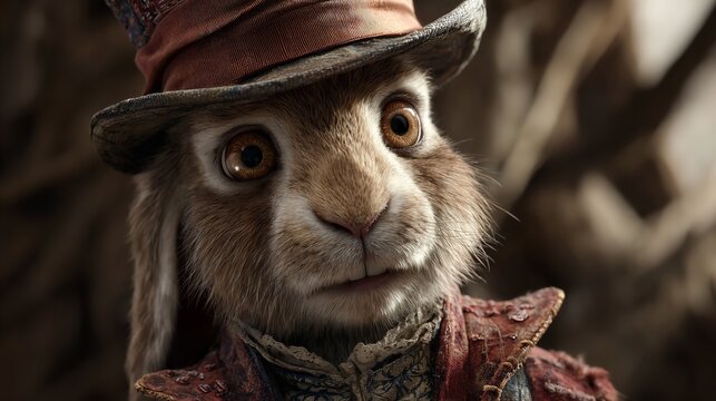 Closeup portrait of the march hare with a curious expression and a hat in a wonderland setting