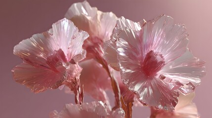Delicate pink crystalline flowers bloom with transparent petals and inner glow.