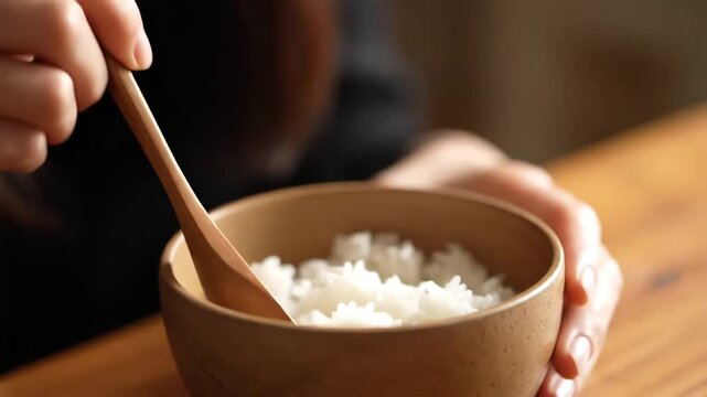 Close up of a person holding a wooden spoon with white rice over a bowl of rice.