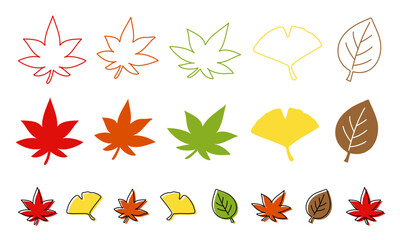 手描きのイラスト,シンプルな秋の葉っぱアイコンセット、紅葉・銀杏・もみじ（ベクター・線幅変更可・サイズ変更可・編集可能・印刷・塗りあり・Vector）/Simple Line Autumn Leaf Vector / 