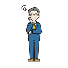 困った表情で腕を組む、60代・70代の男性社長のシンプルな全身ベクターイラスト素材
