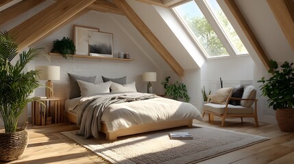 Cozy bedroom interior design with natural light and wooden accents