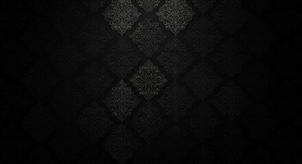 Subtle black damask pattern on a dark textured background, featuring intricate floral motifs and a vintage aesthetic, creating a sophisticated and elegant look