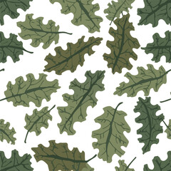 Vector design of A stylized pattern of oak leaves in a flat design style for a background, featuring intricate details and textures of the leaves in shades of green and brown