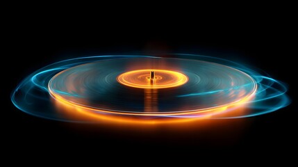 Glowing record spins with energetic light trails on black background.