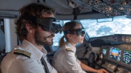 Two pilots are engaged in a flight simulation session wearing virtual reality headsets while focusing on the equipment in front of them. The training center atmosphere is professional.