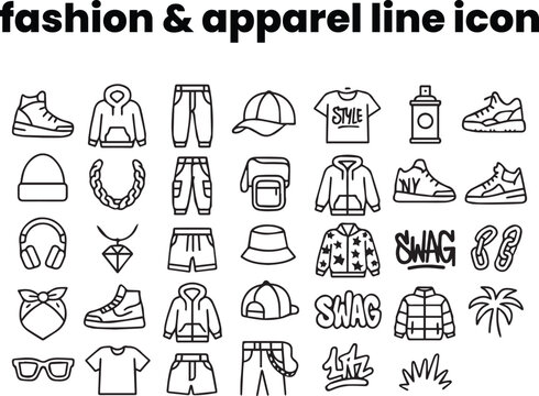 Stylish monochrome outline icons of hoodies, sneakers, caps, baggy pants, and graffiti-inspired apparel — urban youth culture in clean black line design.

