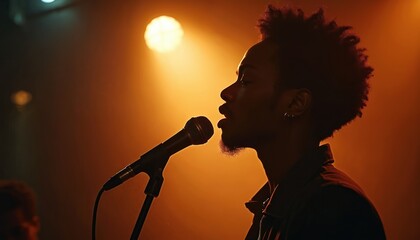Man speaks into vintage microphone on stage at night. Warm spotlight illuminates performer during open mic event. Dark moody atmosphere enhances dramatic poetry recital.