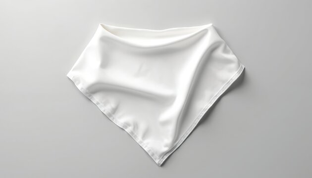 Plain white silk bandana laid flat on gray surface. Useful for mockups, showing patterns, logos, or brand elements. Soft fabric has realistic folds and texture.