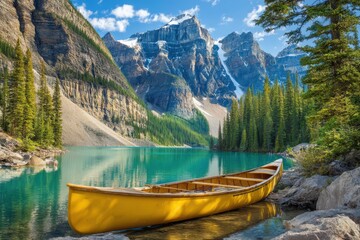 Obraz premium Scenic view of a vibrant turquoise lake surrounded by majestic mountains and lush evergreen forests featuring a bright yellow canoe resting on the shore embodying the essence of adventure and