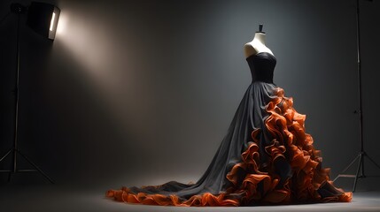 Black strapless gown with orange ruffles displayed under  lighting.