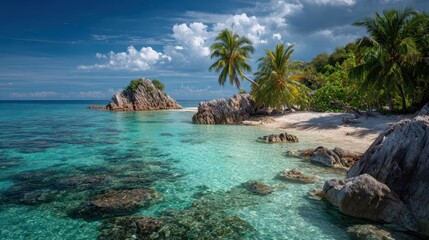 Fototapeta premium Calm turquoise waters gently lap against a sandy beach surrounded by vibrant palm trees and rocky formations under a bright blue sky.