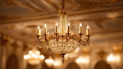 Ornate crystal chandelier illuminated with warm light in an opulent interior.