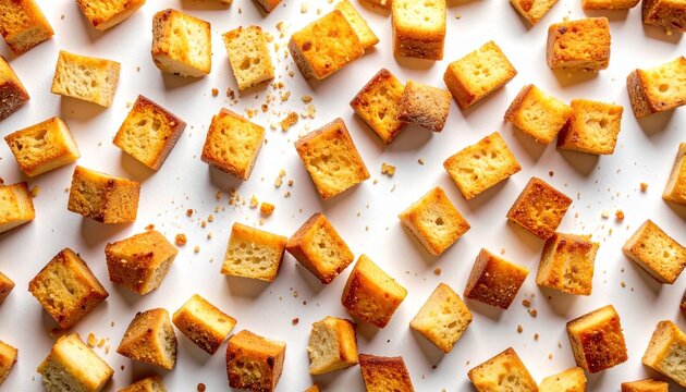 Golden toasted bread cubes scattered on white surface—crunchy texture with visible crumbs.