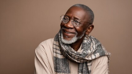 Obraz premium Elderly man with glasses smiles warmly while wearing a stylish scarf against a neutral background
