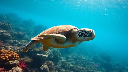 Fototapeta premium Endangered Hawaiian Green Sea Turtle swimming near vibrant coral reef in sunlit Pacific waters.