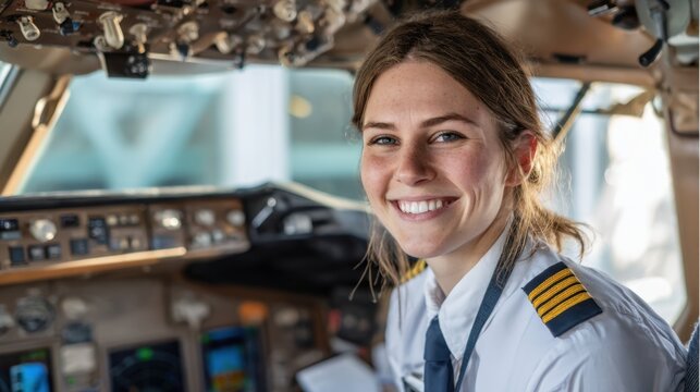 A female pilot smiles confidently while seated in the cockpit before takeoff. The interior features various controls and instruments reflecting a professional atmosphere. - Powered by Adobe