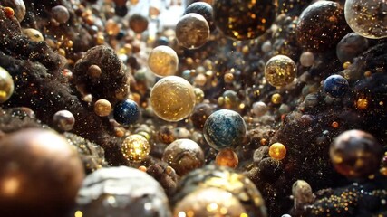 Abstract cosmic landscape with glittering golden and metallic spheres embedded in dark, textured terrain. Digital art illustration. - Powered by Adobe