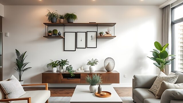 A modern living room interior with a decorative shelf of plants.