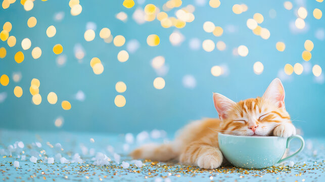 Cute cat curled up in cup, peacefully sleeping on sparkling background filled with soft bokeh lights, creating cozy atmosphere - Powered by Adobe