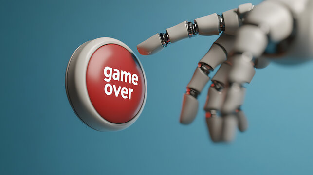 A robotic hand pushes a red button labeled "Game Over." The scene suggests a technological conclusion or a final digital defeat.
