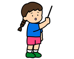 黒板の前で説明するアジア人の女の子　棒あり