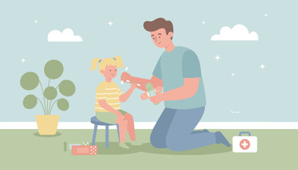 Father providing first aid to his daughters scraped knee at home showing care and family support