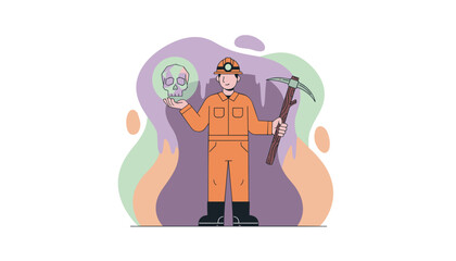 Miner with pickaxe holds a glowing crystal skull symbolizing discovery and hidden treasures