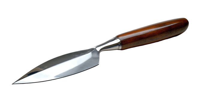 Sleek, sharp dagger with polished wooden handle, isolated on a black background
