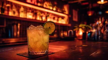 A vibrant cocktail is placed on a dark wooden bar surface illuminated by warm lights from the shelves filled with various spirits. The atmosphere feels inviting and relaxed.