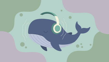 Cute whale listens to music with headphones portraying joy and relaxation Ideal for kids content