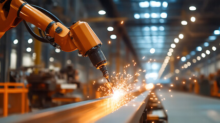 Automated Welding Process: Robotic arm precision welds metal in a factory setting. Sparks fly as technology meets industry for efficient fabrication.