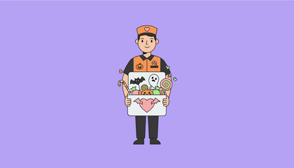 Smiling delivery person in uniform holds a box filled with festive Halloween candies and treats
