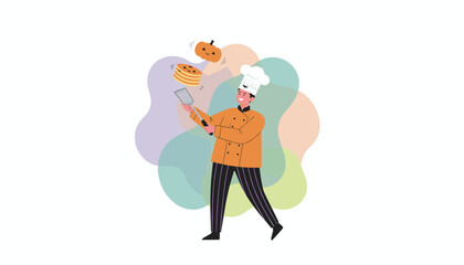 Chef juggling Halloween pumpkin and pancakes Autumn food festive cooking bakery promotion