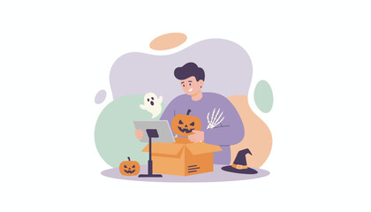 Man unboxes Halloween decorations watching content on a tablet for a festive celebration