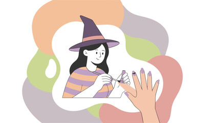 Smiling witch woman painting spooky bat nail art celebrating Halloween creativity and style