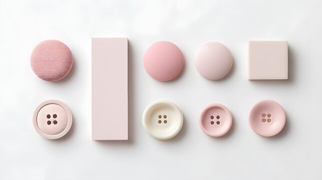 Assorted pastel buttons and geometric shapes arranged on white.