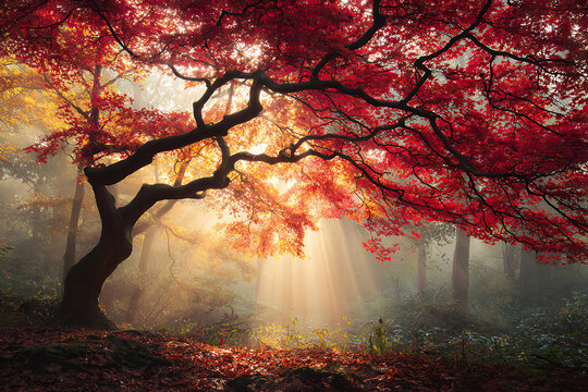 An Ancient Red Maple's Fiery Canopy Pierced by Golden Sun Rays in a Dreamy, Foggy Wood.