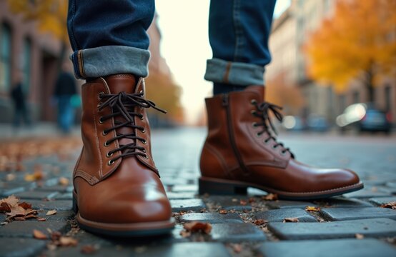 Man wears brown leather lace-up boots with cuffed denim jeans. Autumn leaves litter cobblestone street. Blurred city background suggests cool weather outfit.
