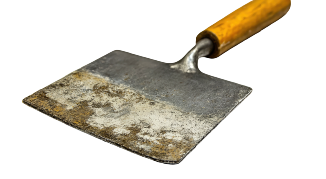 Worn, metal putty knife with wooden handle, showing its age and use