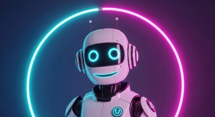 Friendly robot illuminated by vibrant neon rings, poised for future interactions and advancements