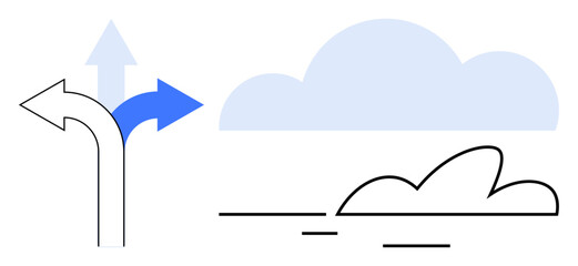 Three diverging arrows represent choices and decisions, paired with a minimalist cloud hinting at ideas or aspirations. Ideal for strategy, navigation, innovation, growth, planning, goals © robu_s