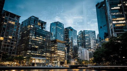 A modern cityscape at night, illuminated skyscrapers, and a digital overlay of circuit boards. - Powered by Adobe