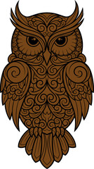 Stylized decorative brown owl with intricate swirling patterns.