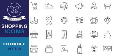 Shopping icon set. Set of 24 outline icons related to basket, shopping cart, online shopping, sale, wallet, client, store, cart, market and more symbol collection. Editable vector illustration.