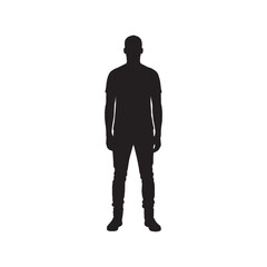 Silhouette of an adult man standing on a white background. Minimal black vector illustration showing a simple human figure in a neutral pose.