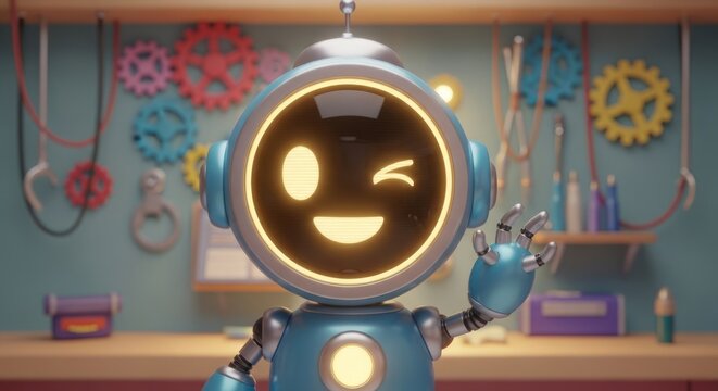 Friendly wink from a cheerful cartoon robot in a vibrant workshop environment