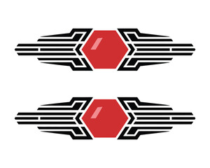 Geometric Hexagons with Winged Accents in Black and Red