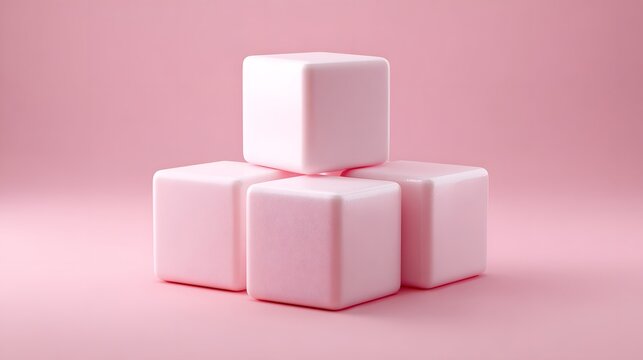Four soft pink geometric blocks are stacked in a pyramid shape.